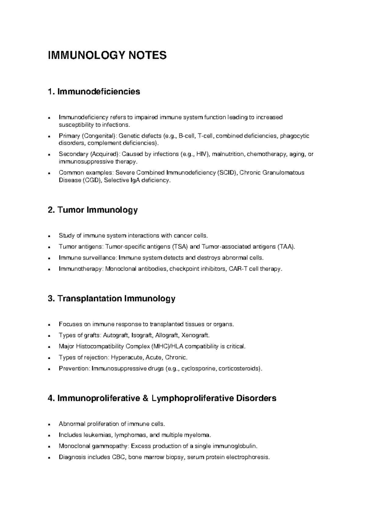 IMMUNOLOGY NOTES: Immunodeficiencies & Tumor Immunology - Studocu