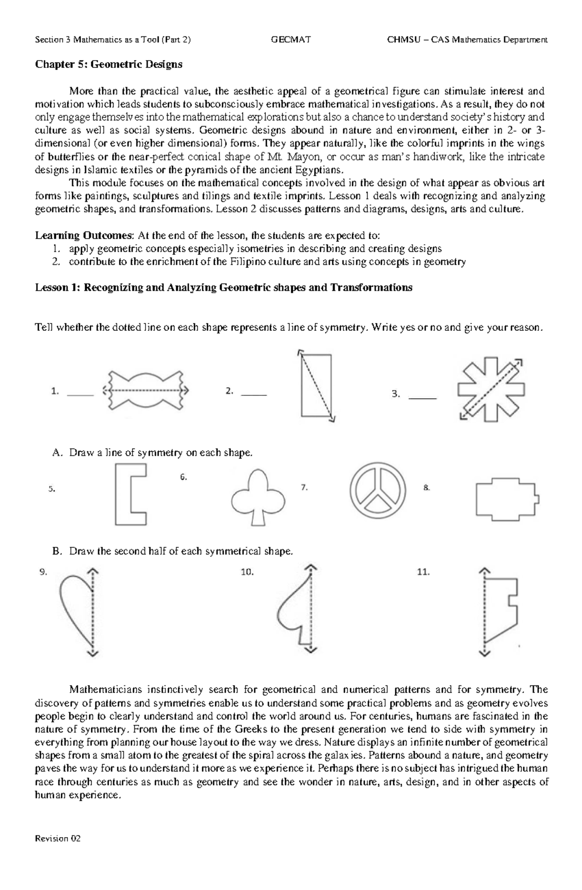 GECMAT CHMSU CAS Chapter 5: Geometric Designs and Transformations - Studocu