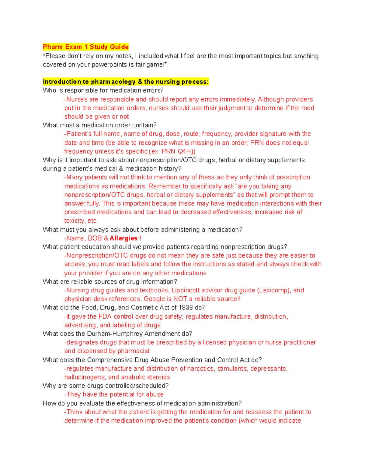 Pharm 101 Exam 1 Study Guide (Spring 25) - Key Concepts & Topics - Studocu