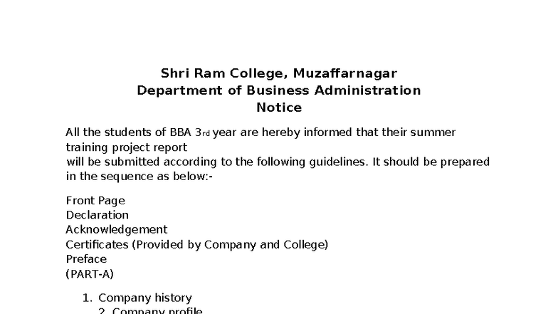 BBA 3rd Year Summer Training Project Report Guidelines - Studocu