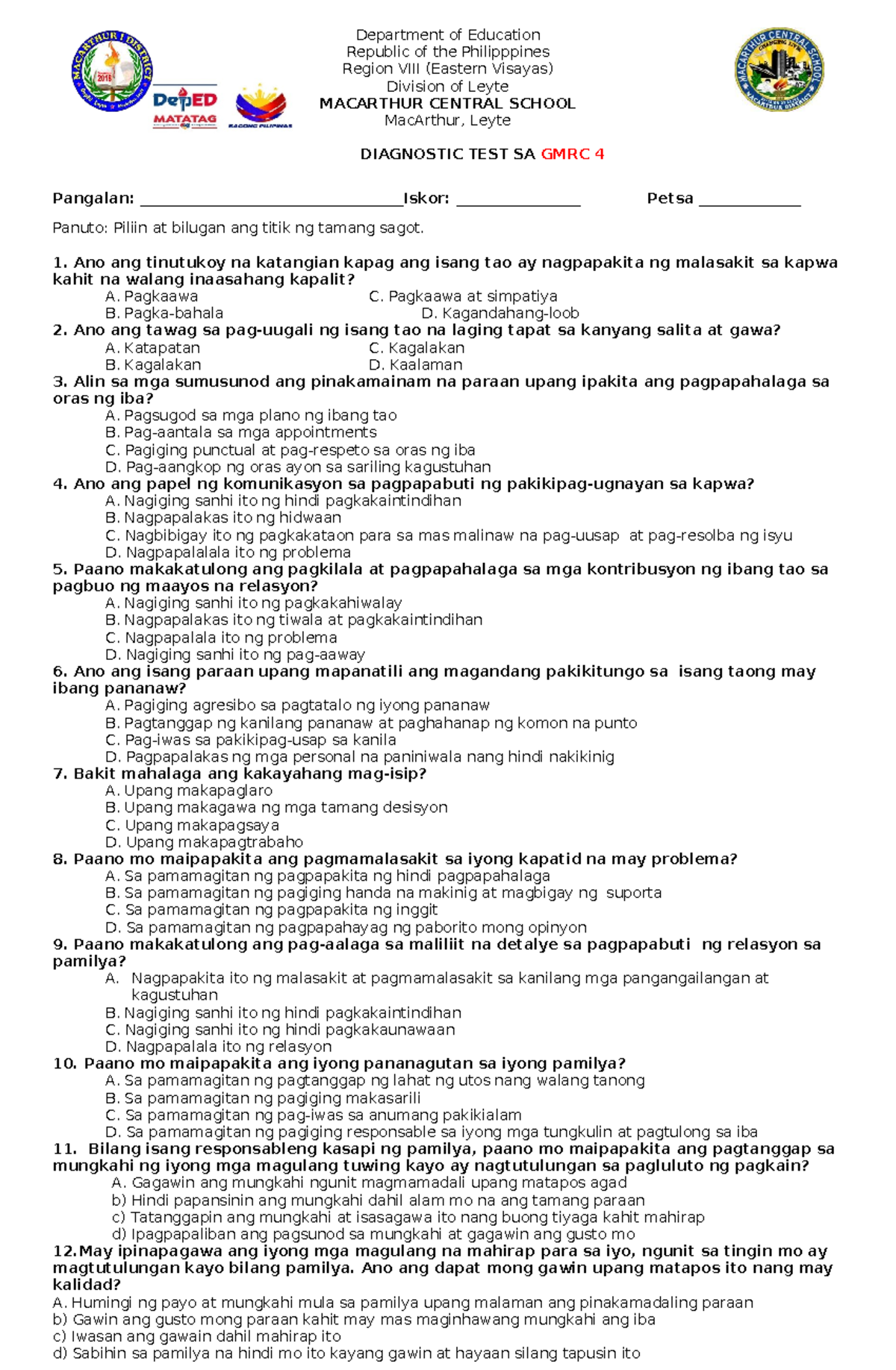 Diagnostic Test sa GMRC 4: Pagsusuri at Pagsasanay sa Moral na Pag ...