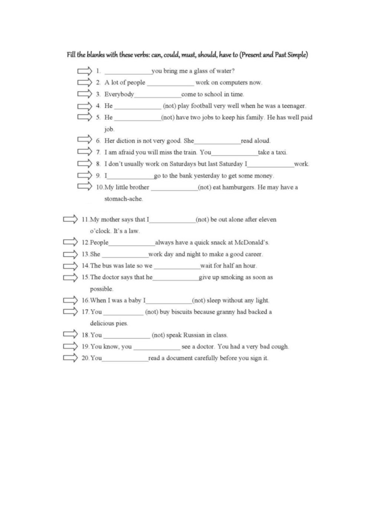Modal Verbs: Fill in the Blanks with Can, Could, Must, Should, Have to ...