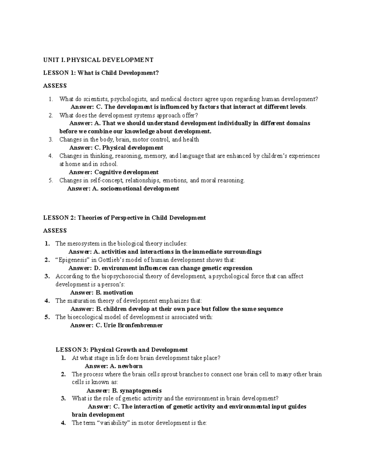 PROF. ED 1 - Child Development: Physical & Cognitive Insights - Studocu