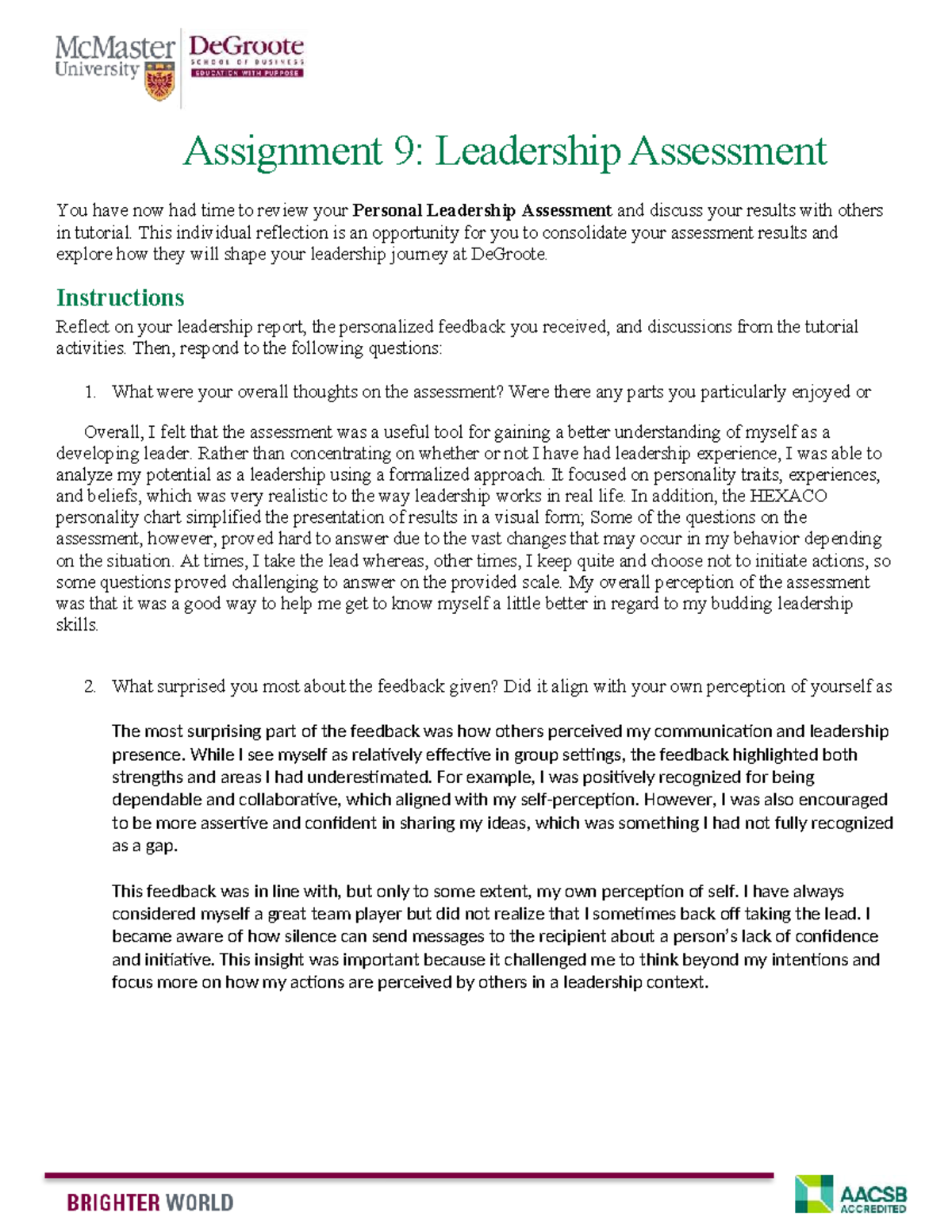 1GR0 - Leadership Assessment Reflection and Insights - Studocu