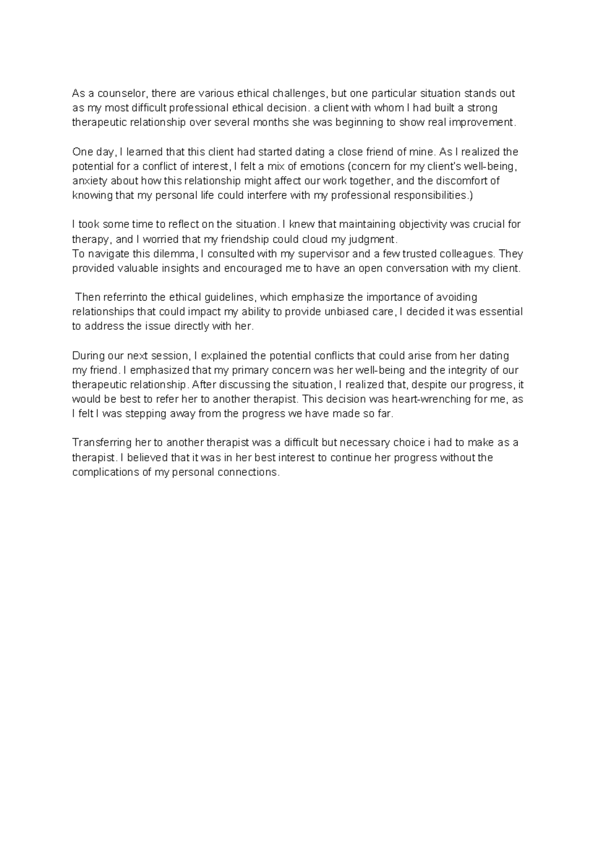 Ethical Challenges in Counseling: A Difficult Decision Case Study - Studocu
