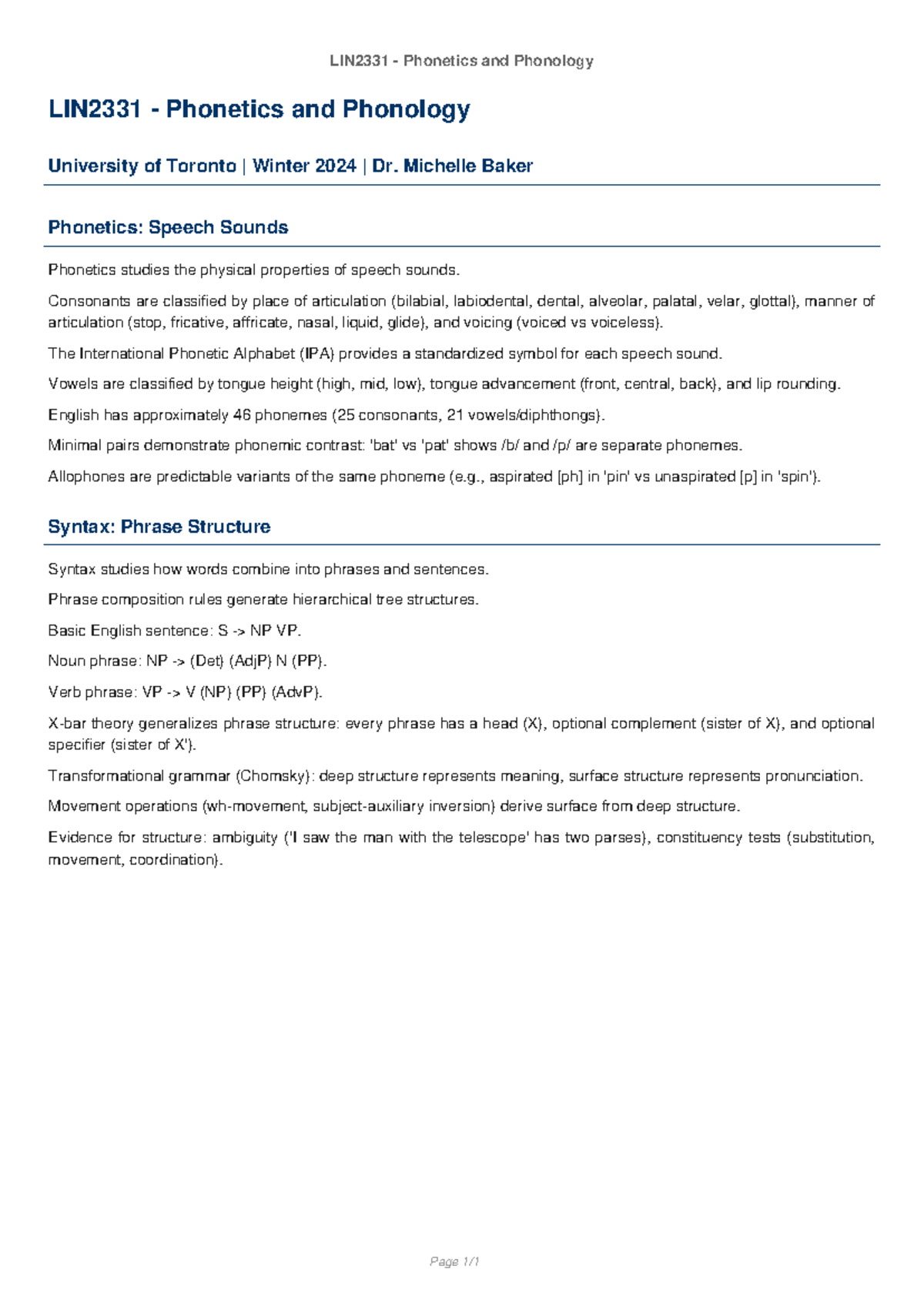 LIN2331 Final Exam Study Notes: Phonetics & Phonology - Studocu