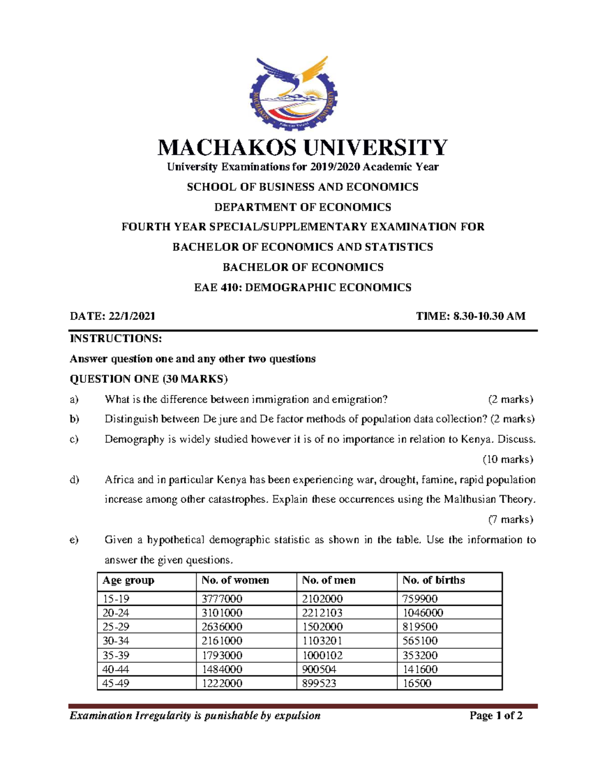 EAE 410 Demographic Economics - Examination Irregularity is punishable ...