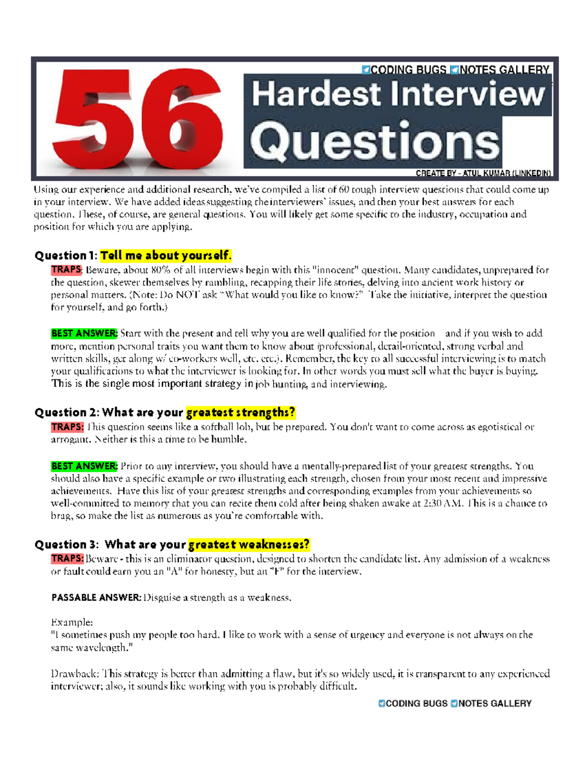 56 Toughest Interview Questions & Recommended Answers - Studocu