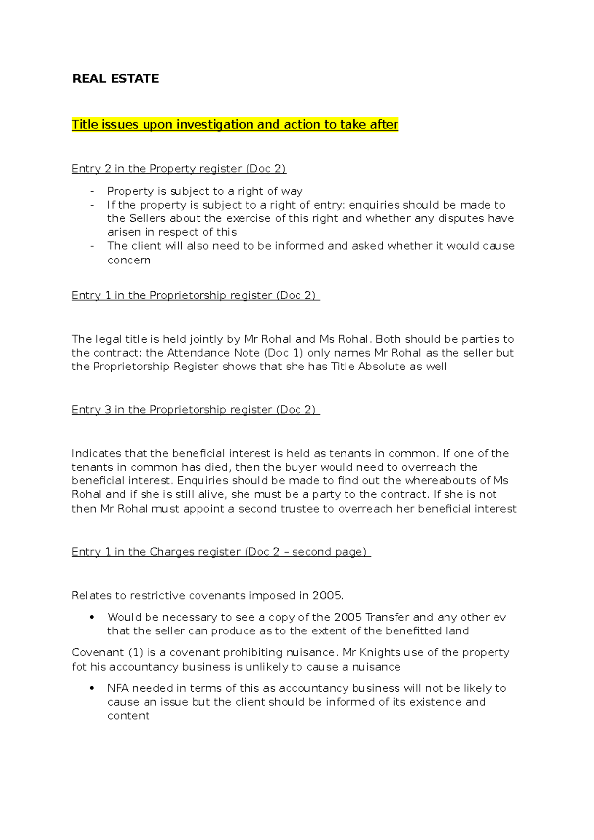 REAL ESTATE Title Issues and Actions Post-Entry 2 in Property Register ...