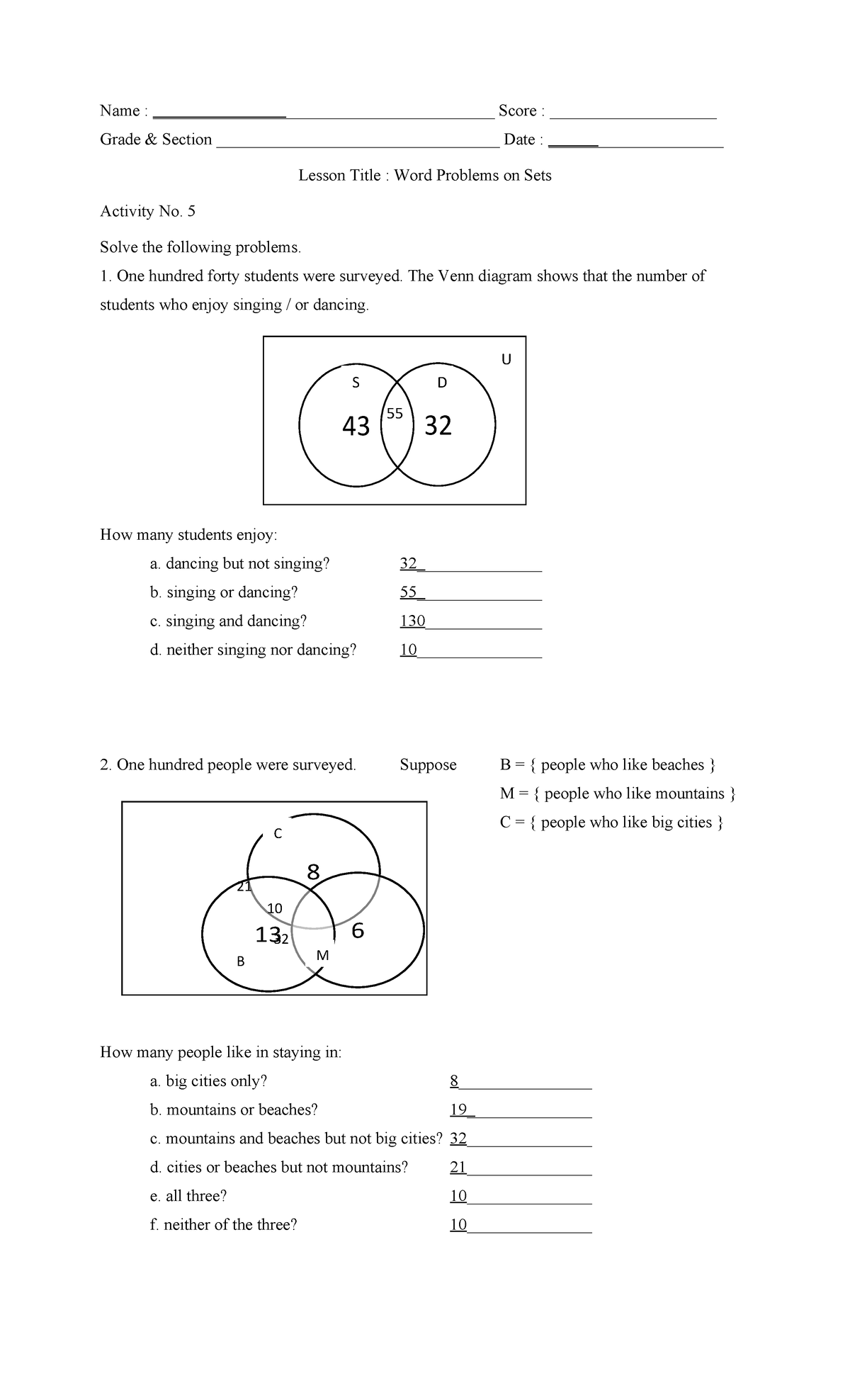 Grade 7 Math - Lesson on Word Problems Involving Sets (589528393) - Studocu
