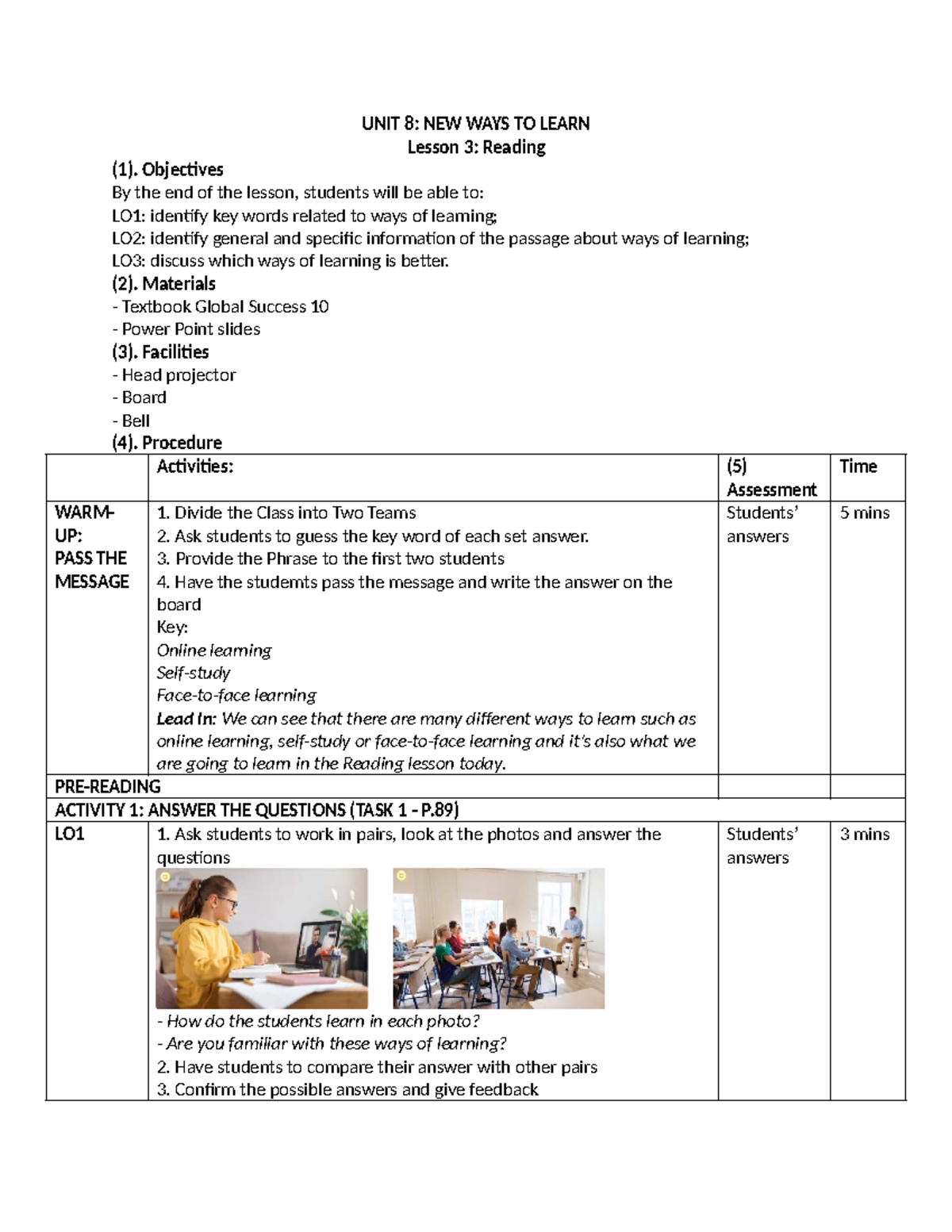 UNIT 8: New Ways to Learn - Lesson 3 Overview and Activities - Studocu