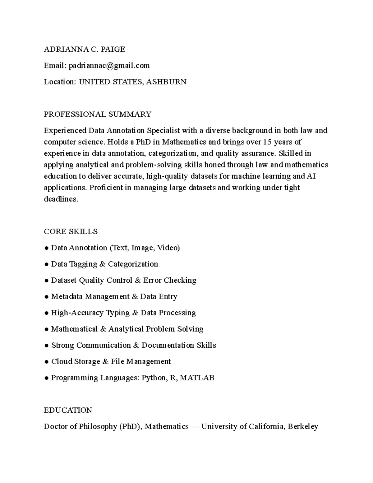 Adrianna C. Paige - Data Annotation Specialist Resume - Studocu