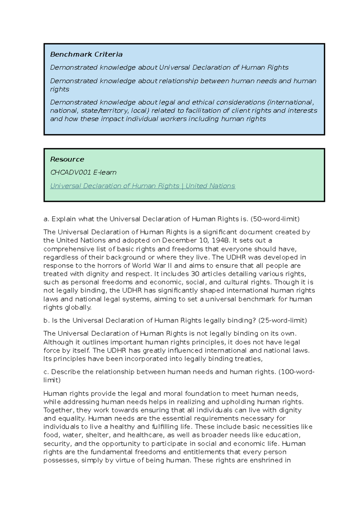 CHCADV001 Assessment 1: Key Concepts of Human Rights and Needs - Studocu