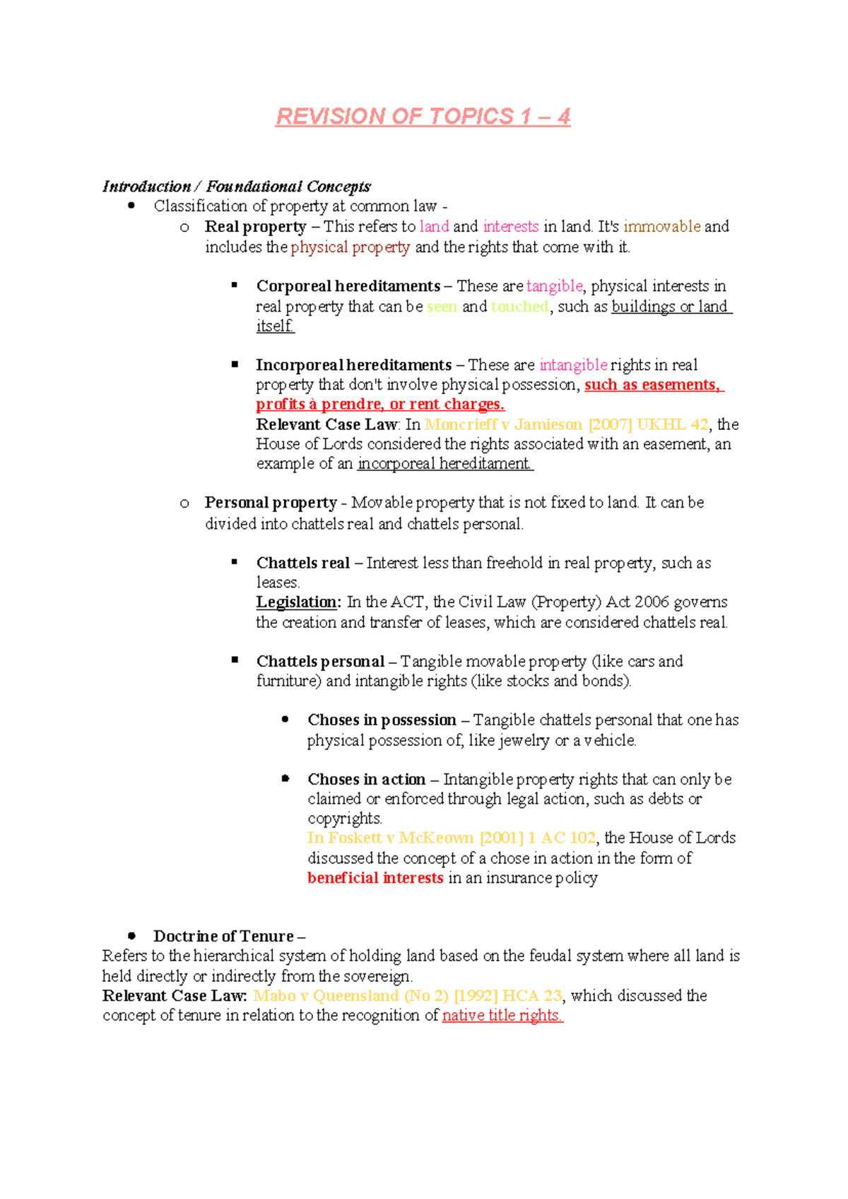 Property Law Revision: Key Concepts and Case Law Analysis - Studocu
