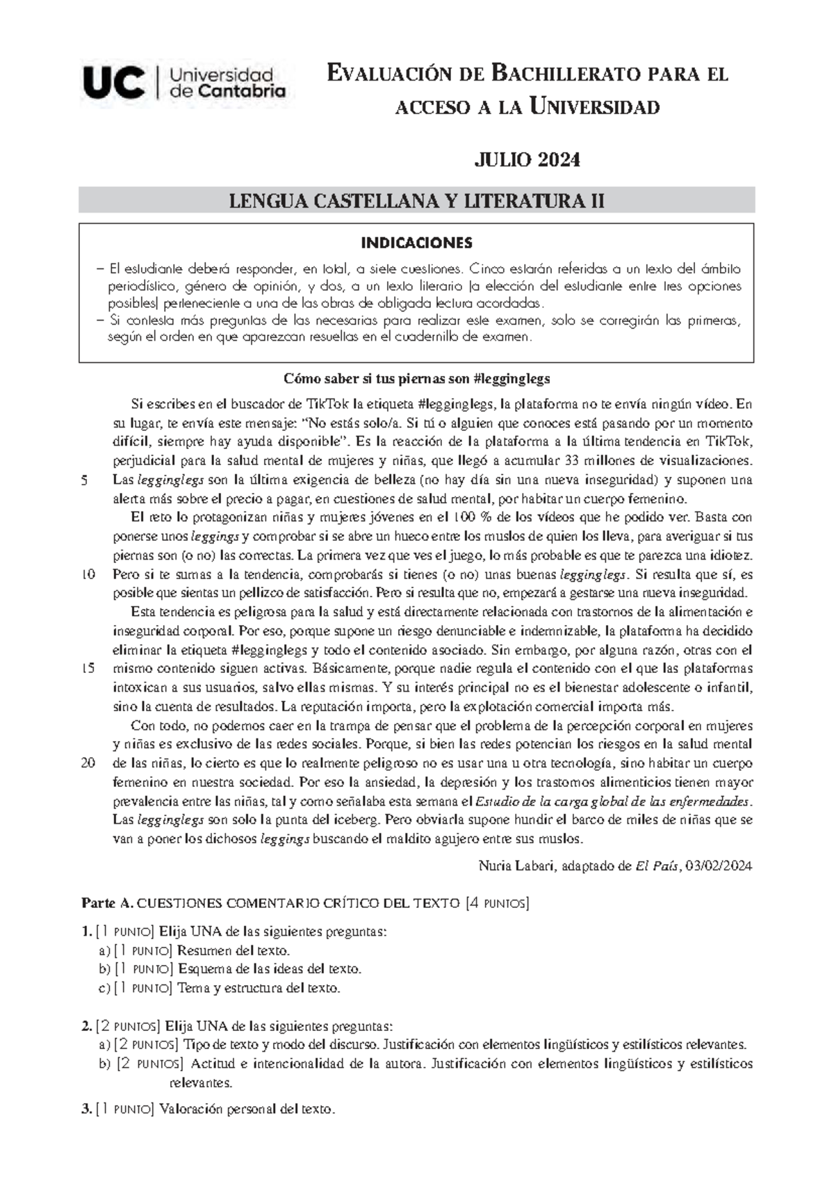 Examen Extraordinario de Lengua Castellana y Literatura II - Julio 2024 ...