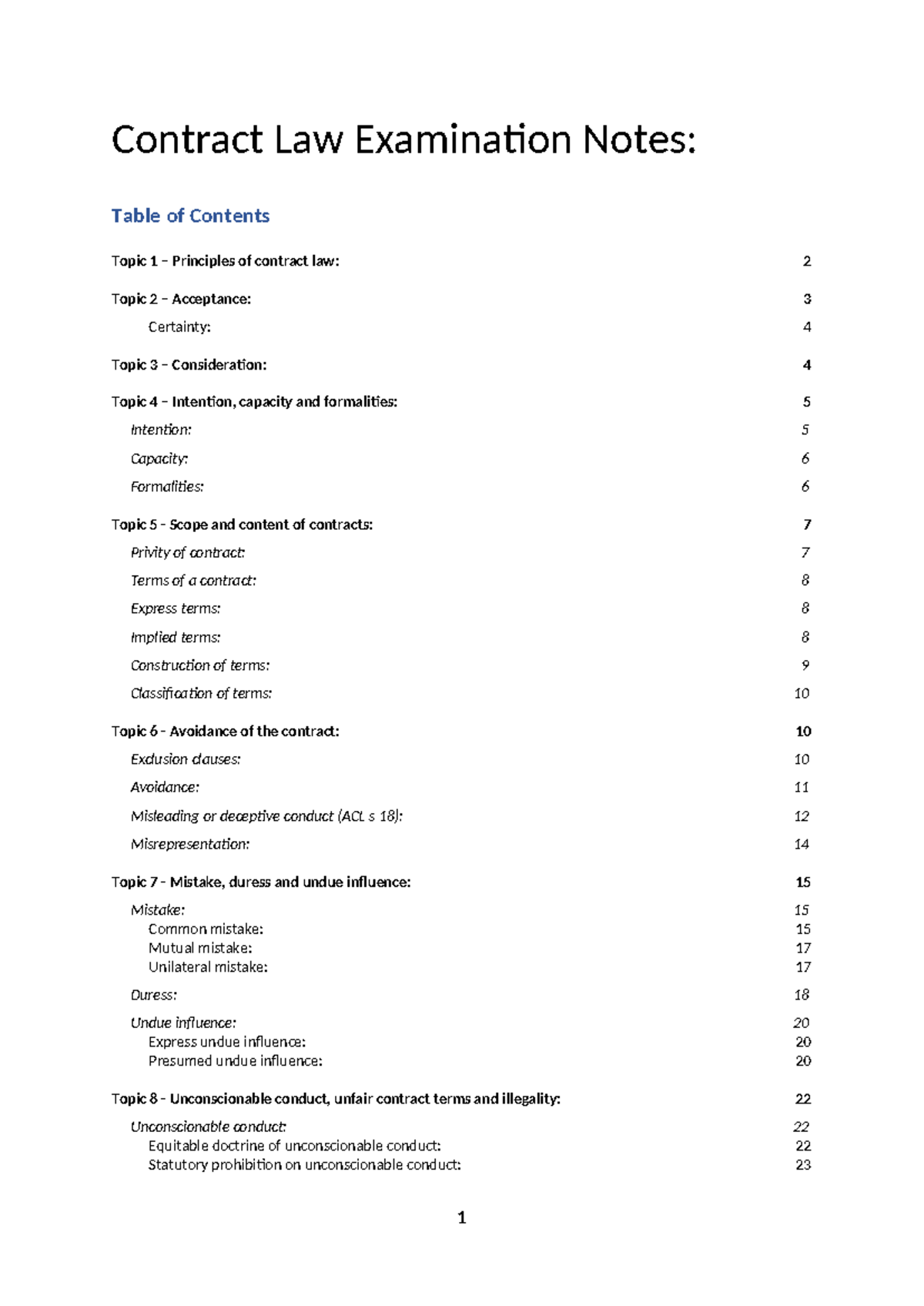 Contract Law Exam Notes: Key Principles and Topics Overview - Studocu