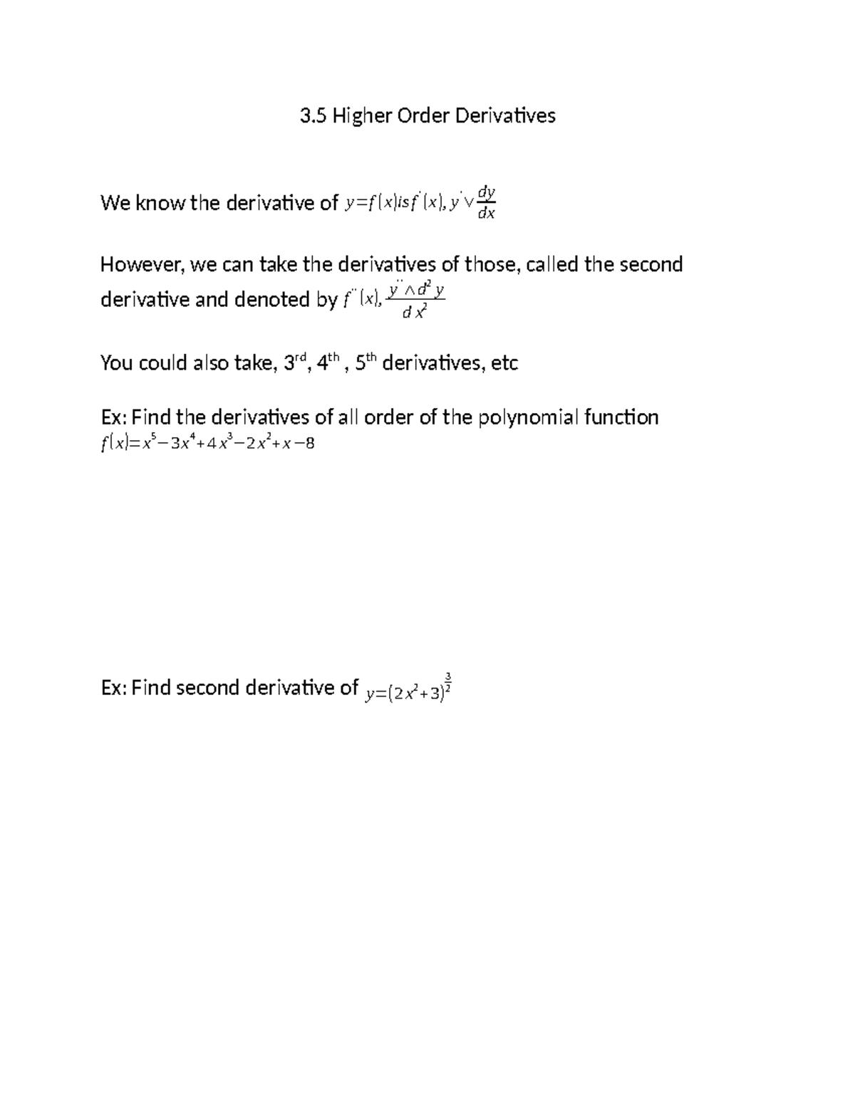 Higher Order Derivatives and Implicit Differentiation Notes (MAT 101 ...