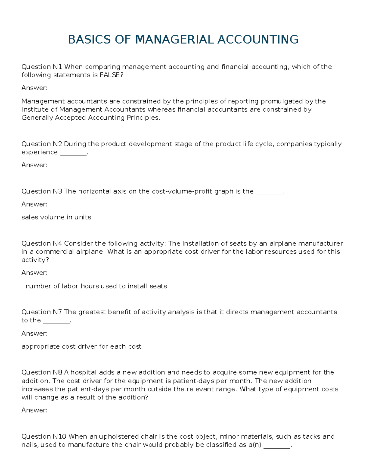 BASICS OF MANAGERIAL ACCOUNTING: Key Concepts & Questions - Studocu