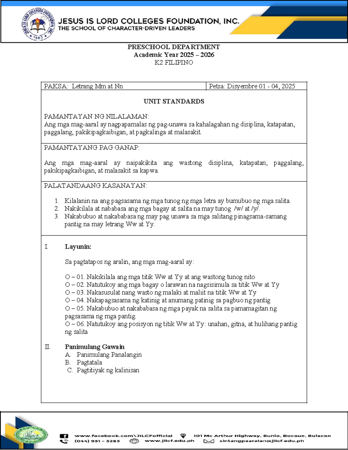 K2 Filipino Lesson Plan: Letrang Ww at Yy (Academic Year 2025-2026 ...