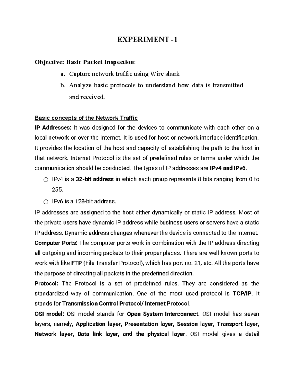Cyber Security Lab Experiment 1 - EXPERIMENT - Objective: Basic Packet ...