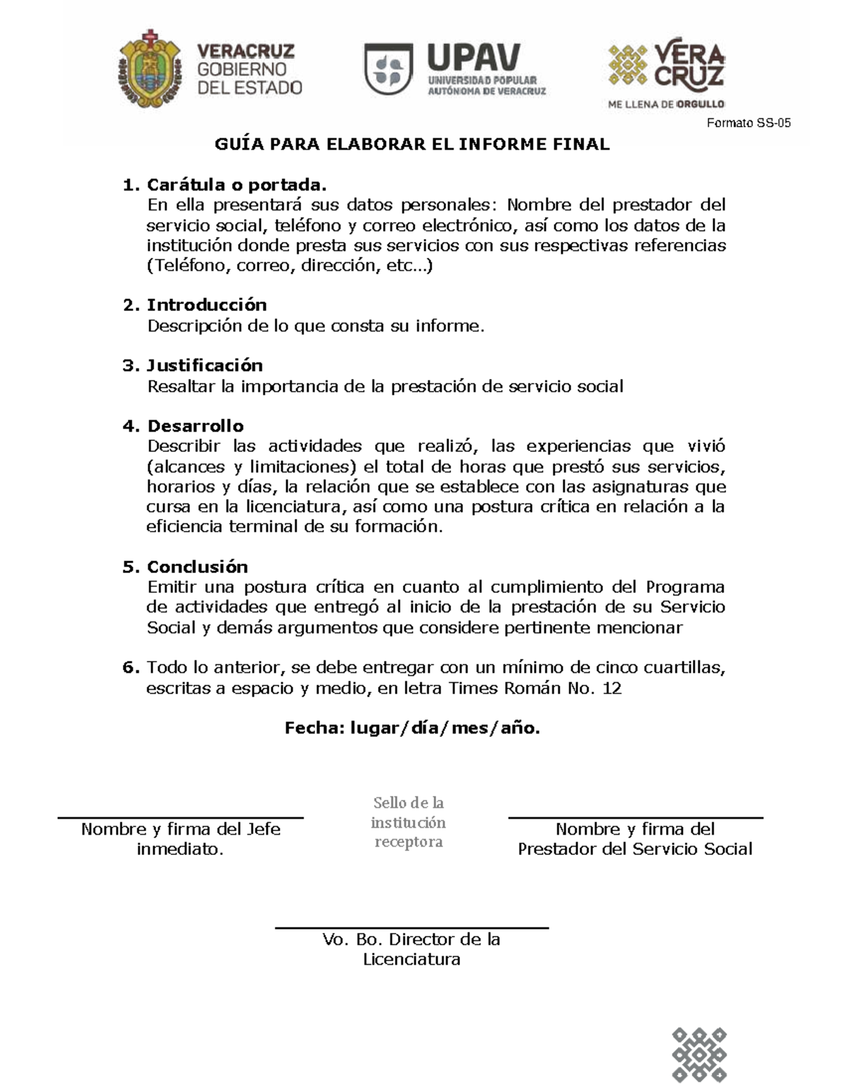 Formato SS-05: Guía para Elaborar el Informe Final de Servicio Social ...