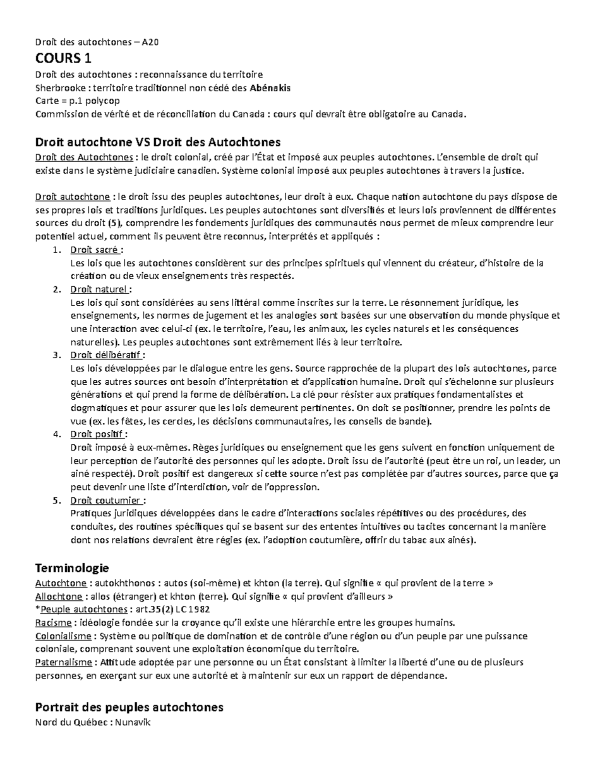 Notes de cours en droit des autochtones - COURS 1 Droit des autochtones ...