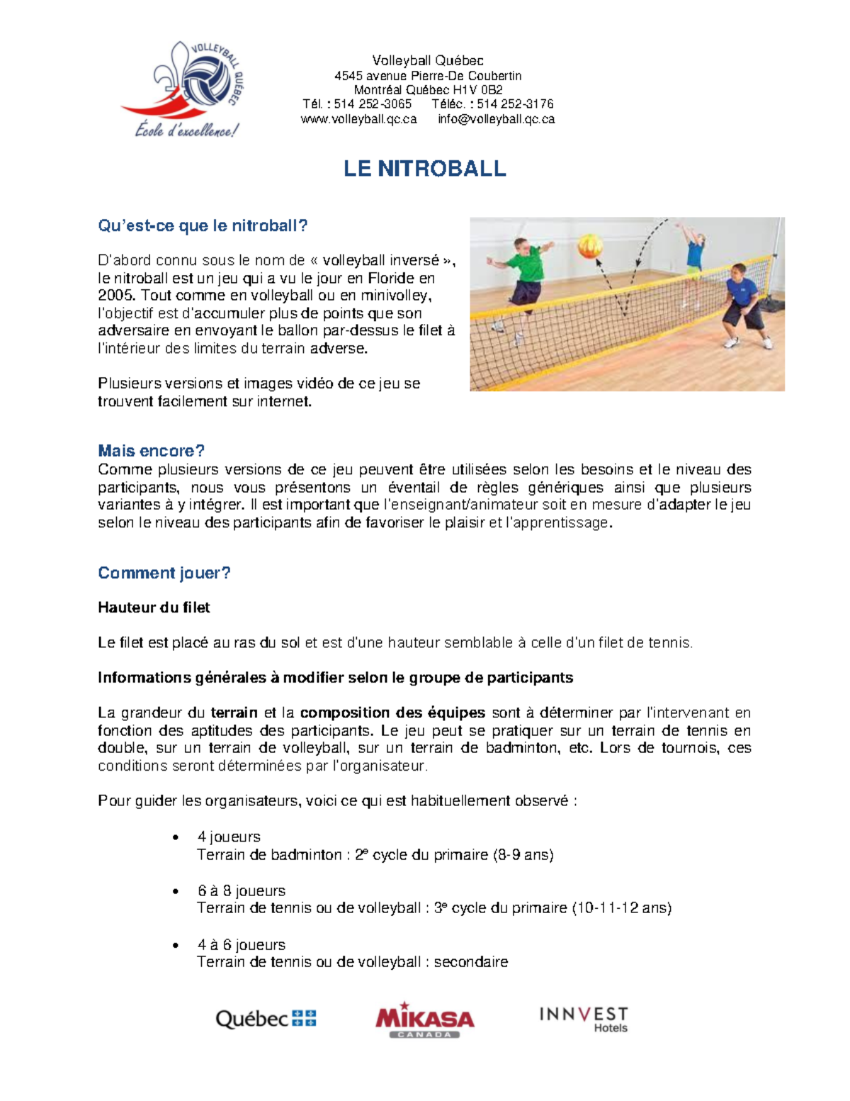 Règles et Informations sur le Nitroball - Volleyball Québec 4545 - Studocu