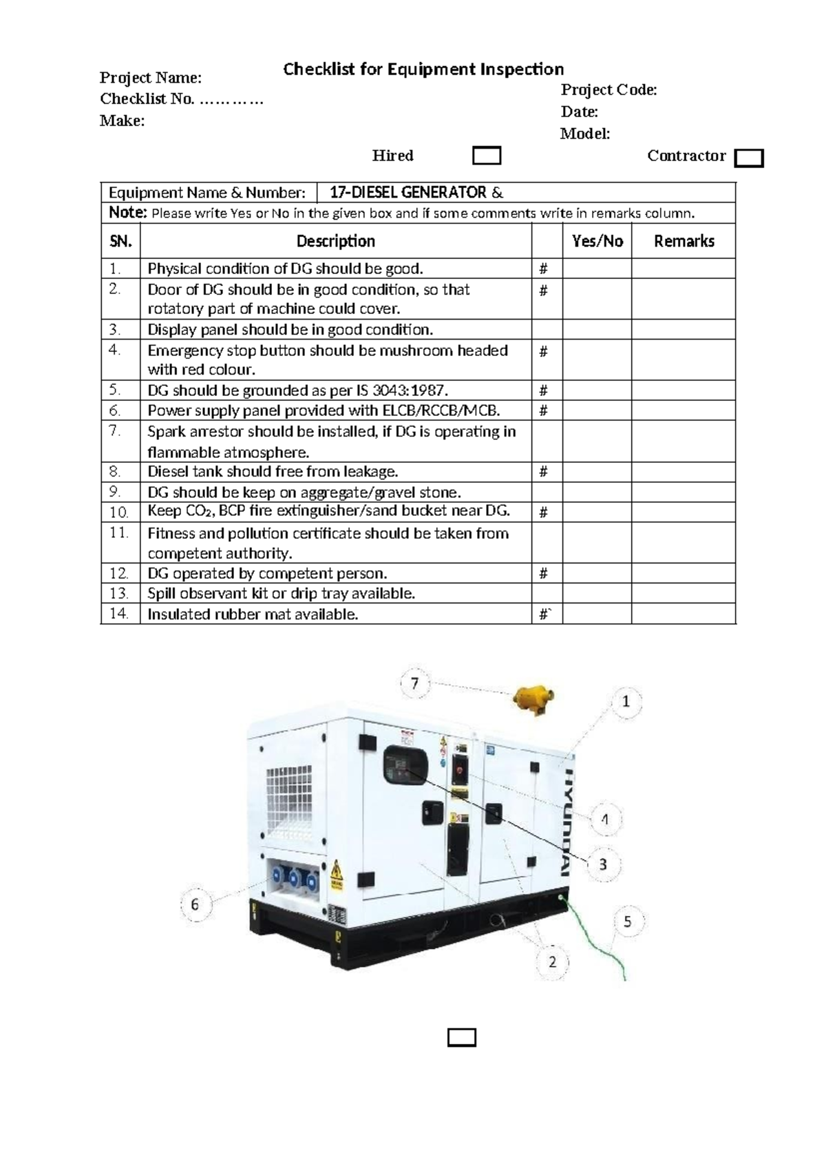 Checklist for Equipment Inspection: Diesel Generator (Project Code ...