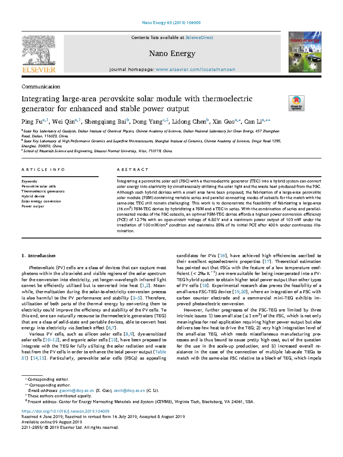 Integrating Perovskite Solar Modules with TEG for Enhanced Power Output ...