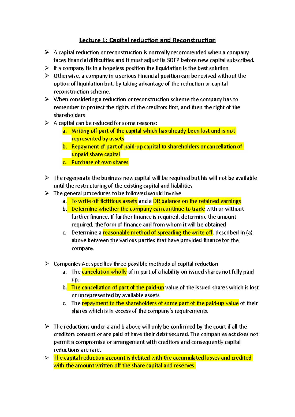Lecture 1: Capital Reduction & Reconstruction Overview - Studocu