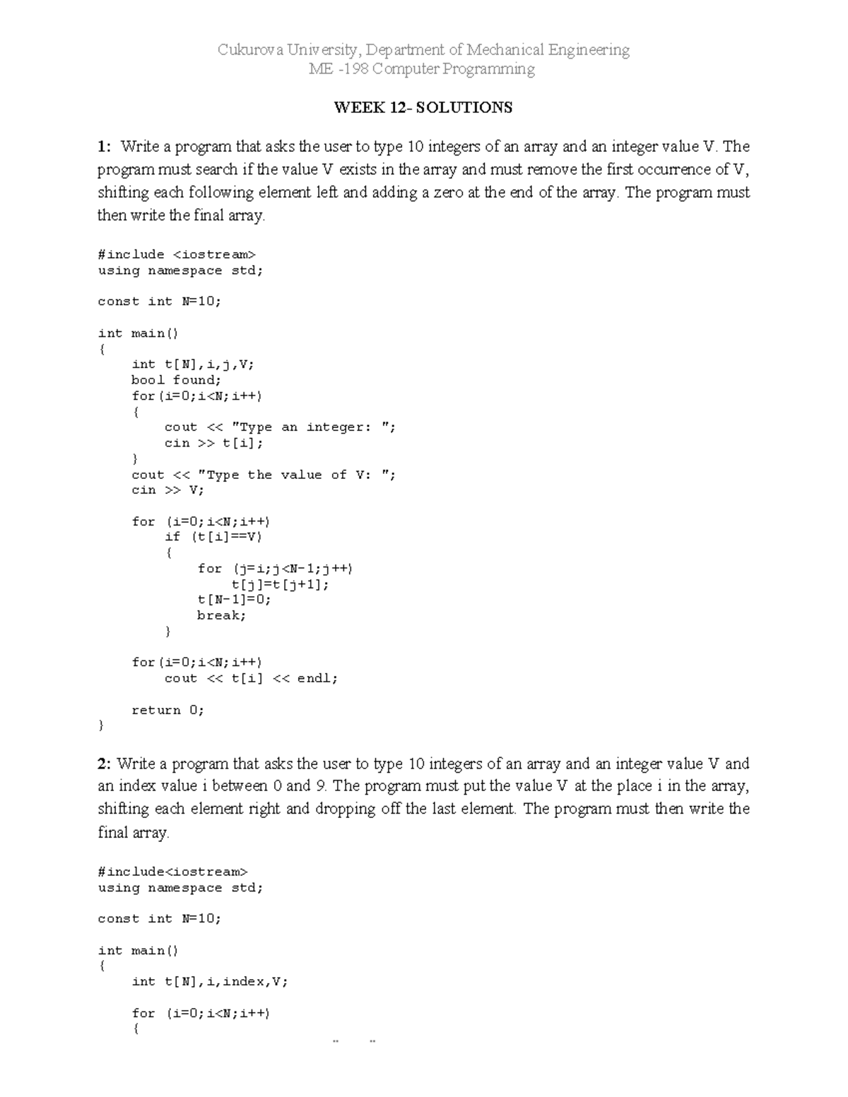 ME-198 Week 12 Programming Solutions for Array Manipulation Tasks - Studocu