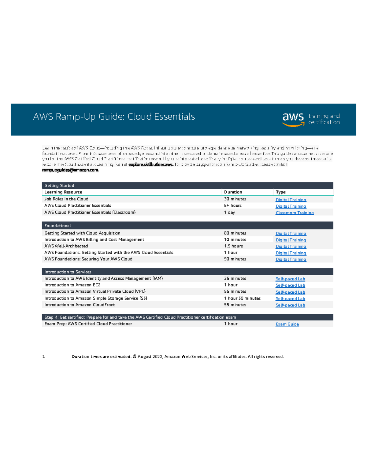 AWS Cloud Guide - Study - 1 Duration times are estimated. © August 2022 ...