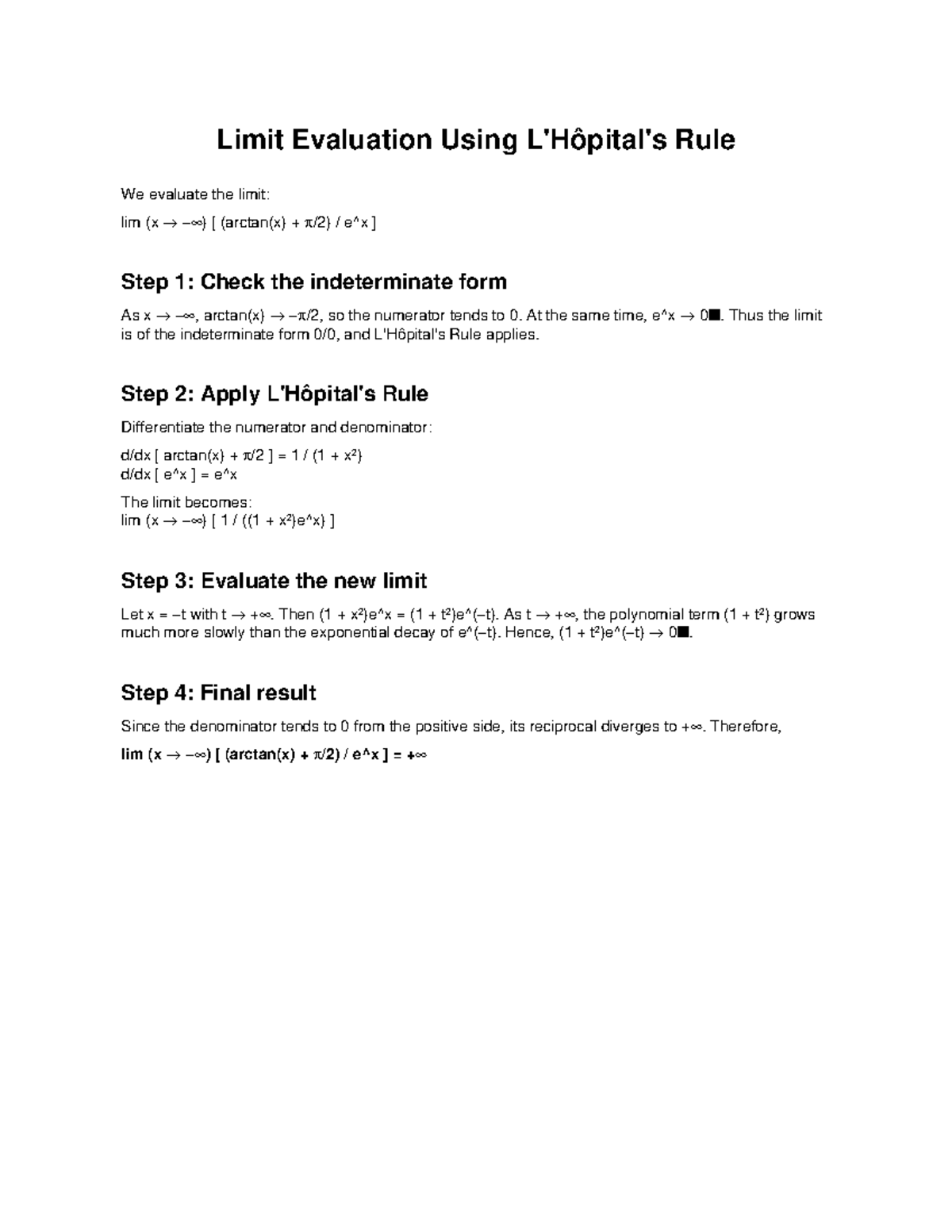 Limit Evaluation Using L'Hôpital's Rule for arctan and exp - Studocu