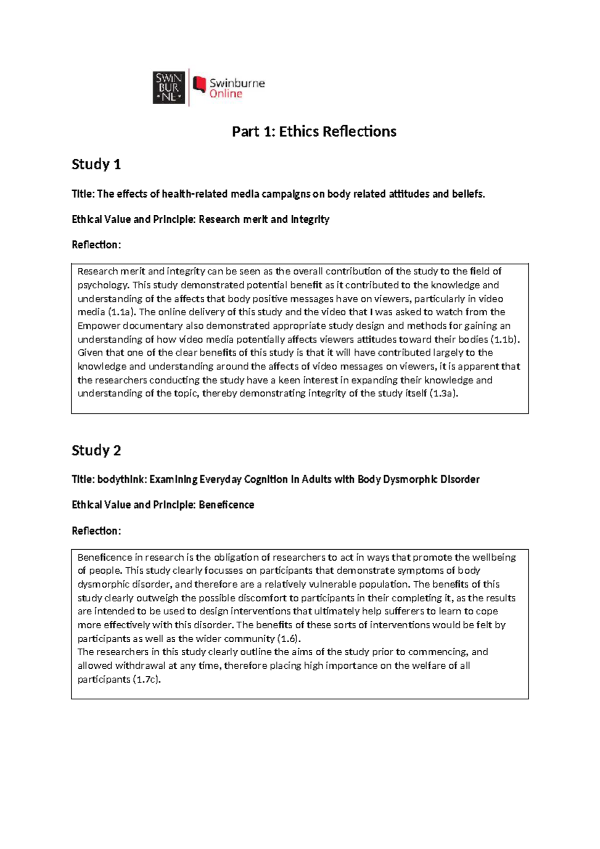 PSY10007 Reflective Assignment: Ethics in Psychology Studies - Studocu