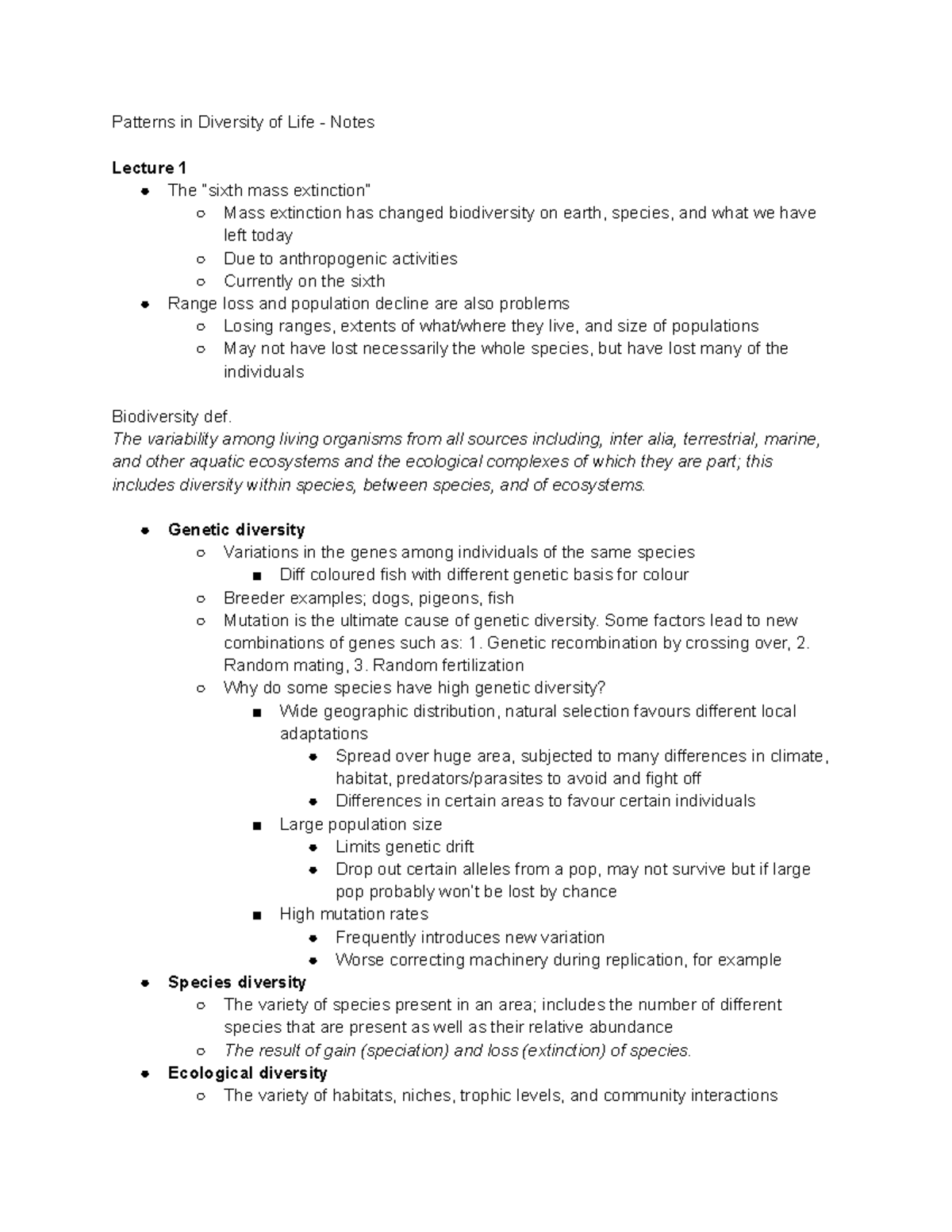 Patterns in Diversity of Life - Lecture Notes (BIOL 101) - Studocu