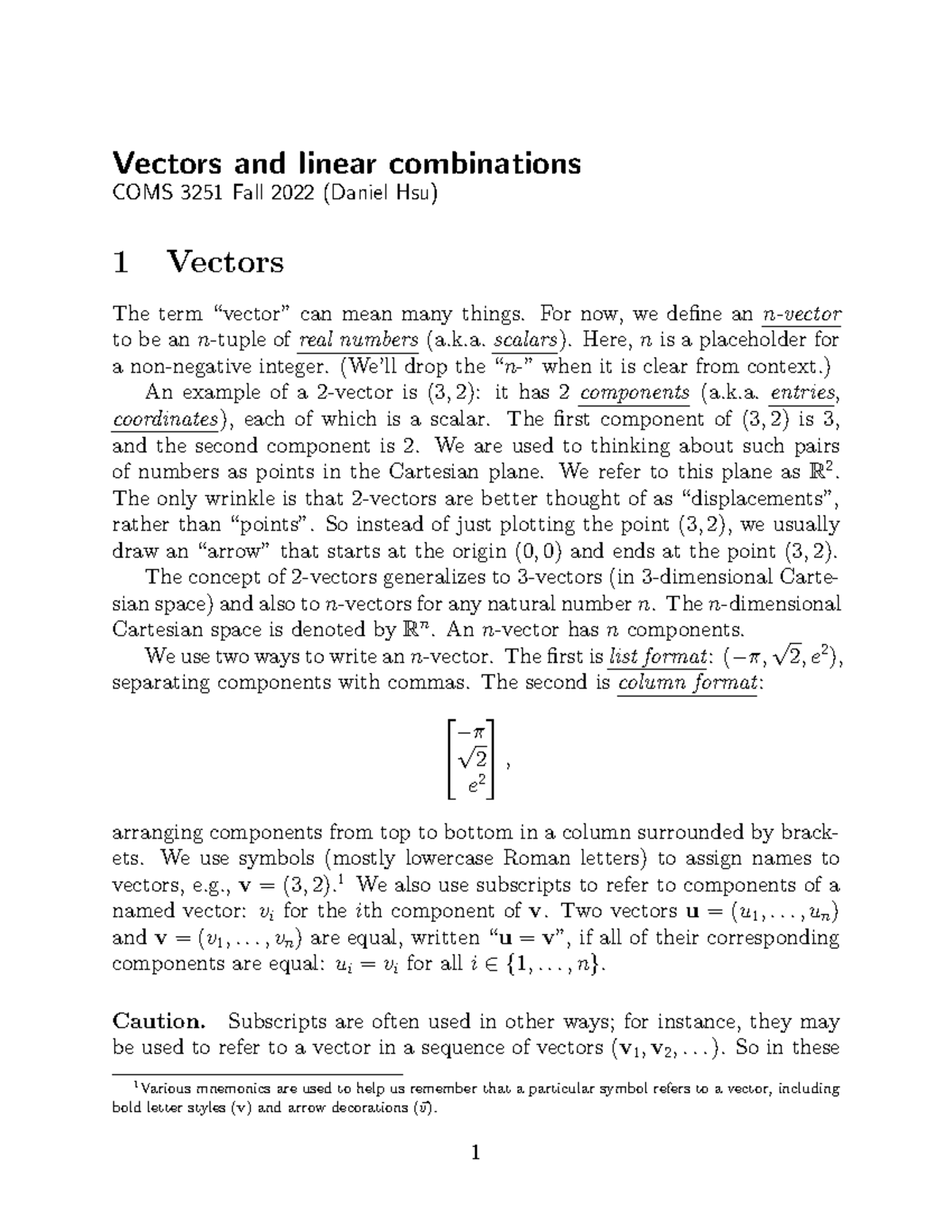 Vectors and Linear Combinations in COMS 3251 (Fall 2022) - Studocu
