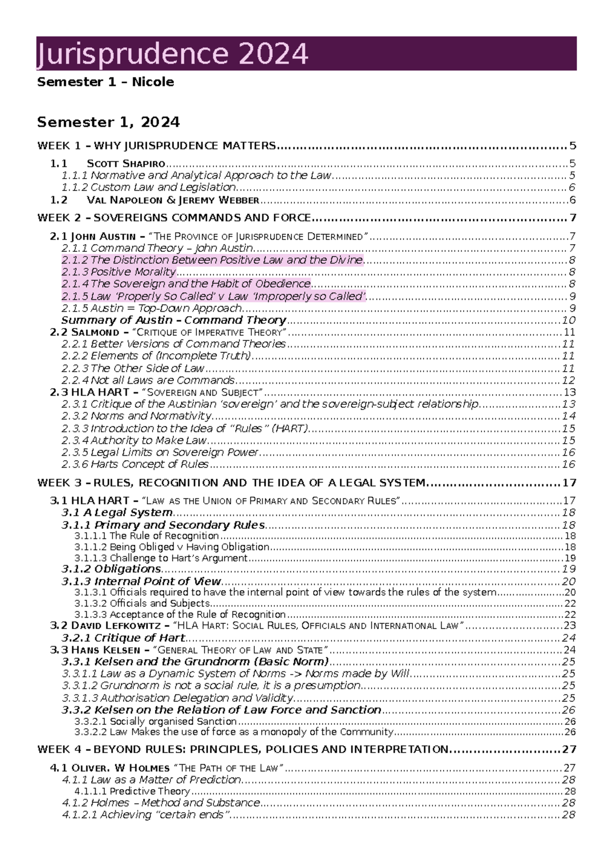 Jurisprudence 2024 S1 Lecture Notes: Key Theories and Concepts - Studocu