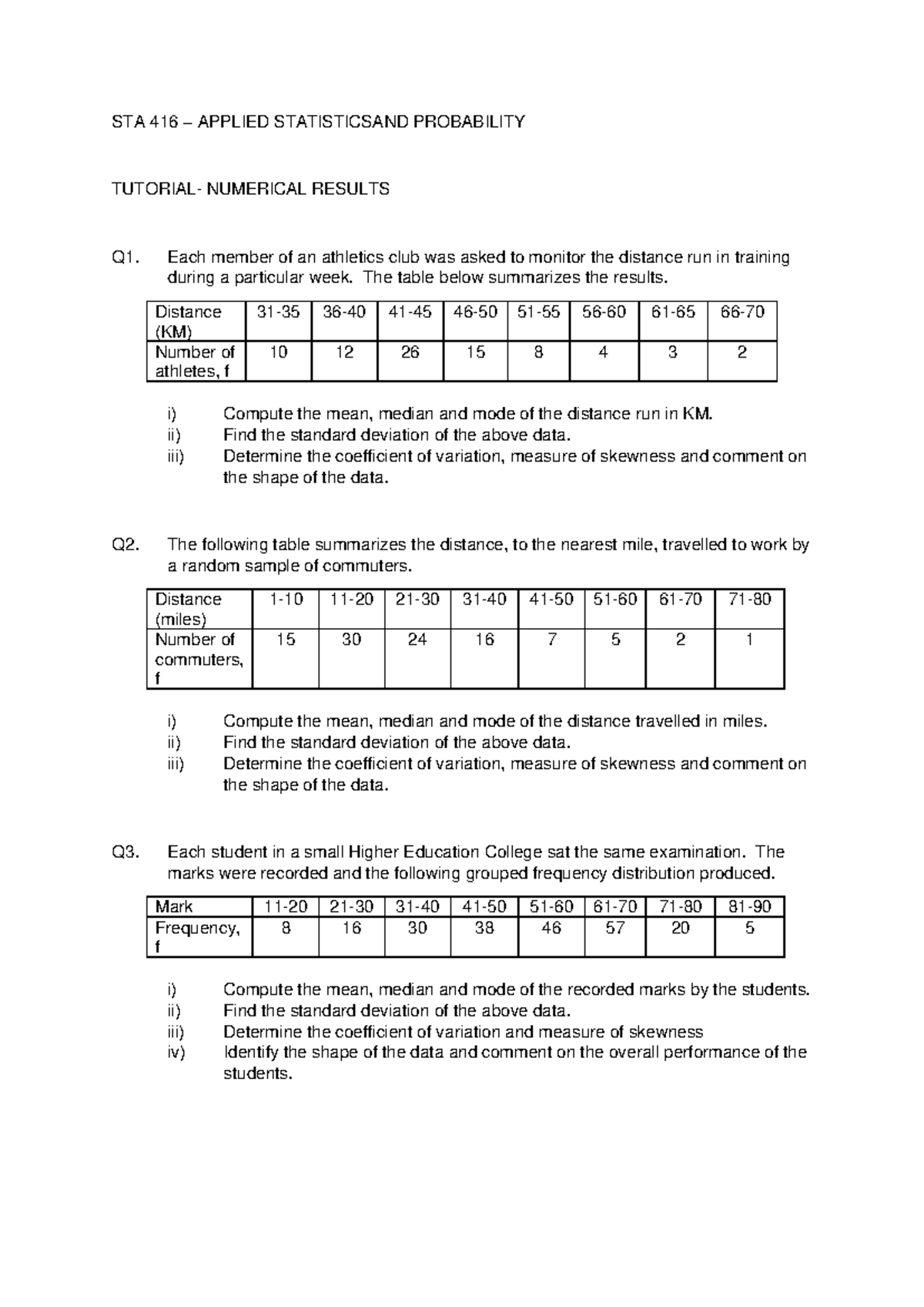 Tutorial 1-numerical results - STA 416 – APPLIED STATISTICSAND ...