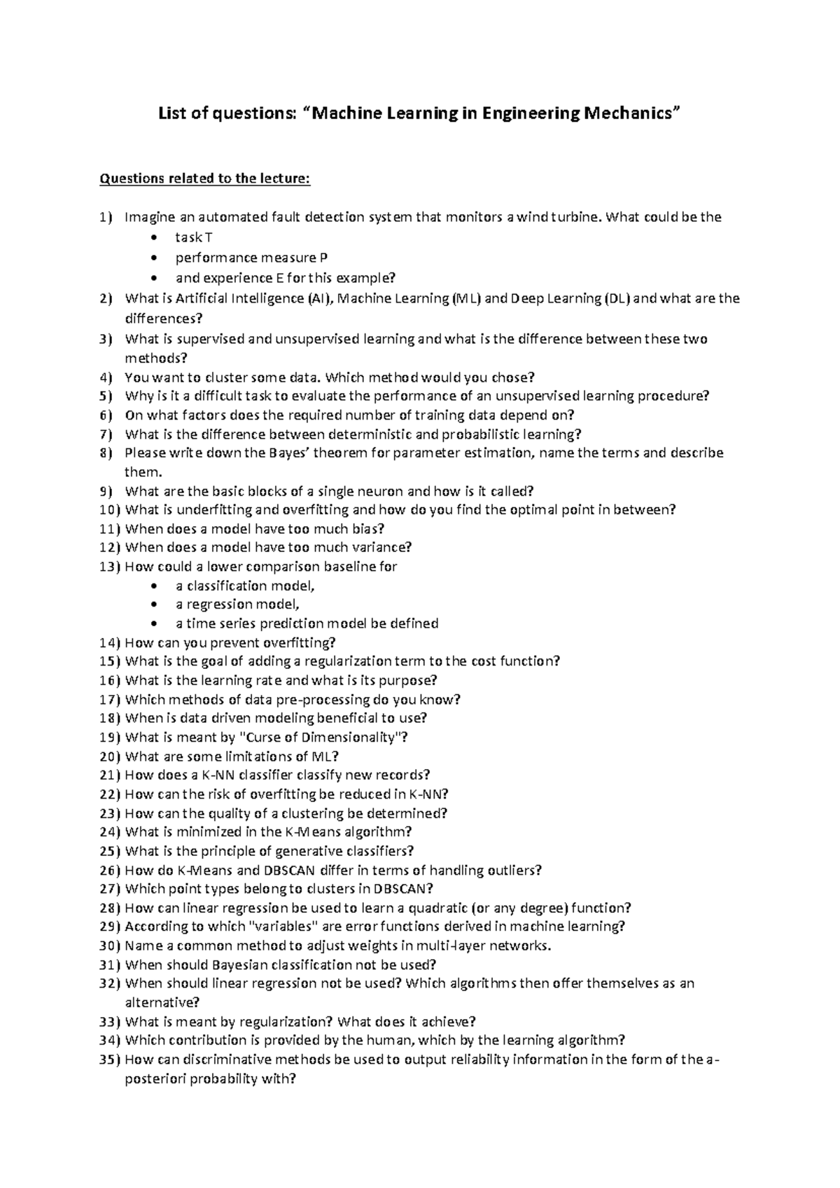 Questions on Machine Learning (ML) for Final Exam 2023 - Studocu