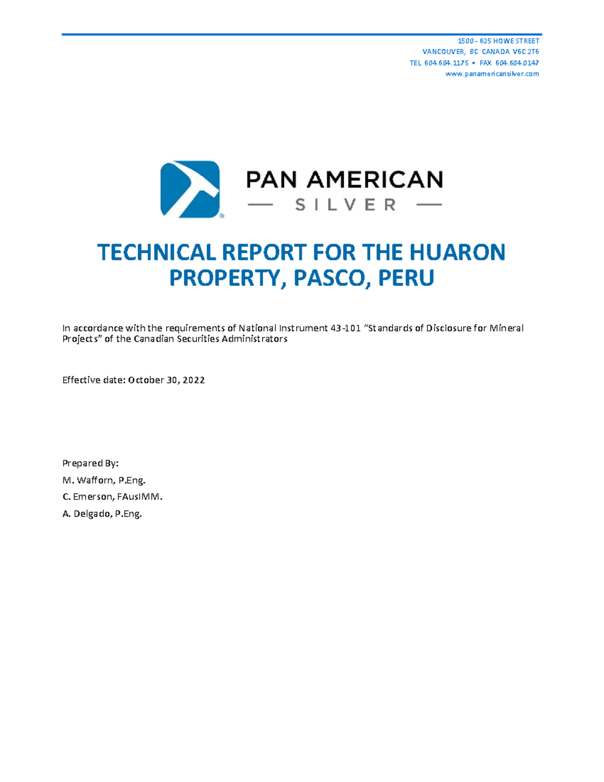 Technical Report on the Huaron Property (1500 625 HOWE ST, PASCO, PERU ...