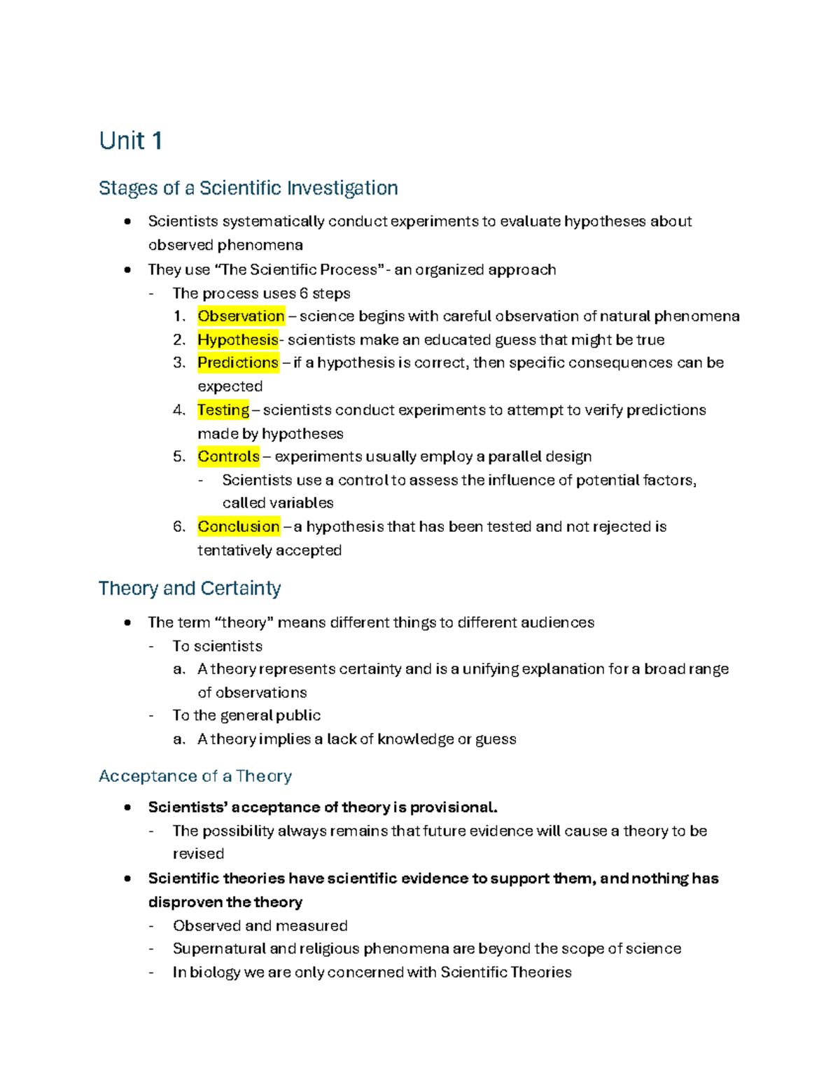Unit 1: Stages of a Scientific Investigation and Chemistry - Studocu