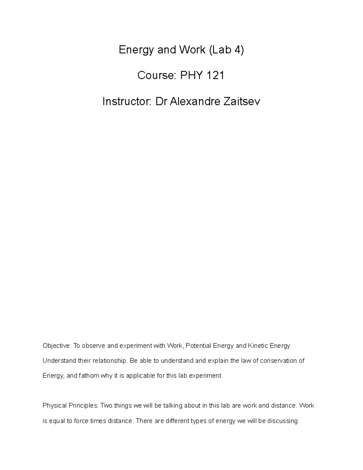 Lab 4: Energy and Work in PHY 121 - Exploring Energy Conservation - Studocu