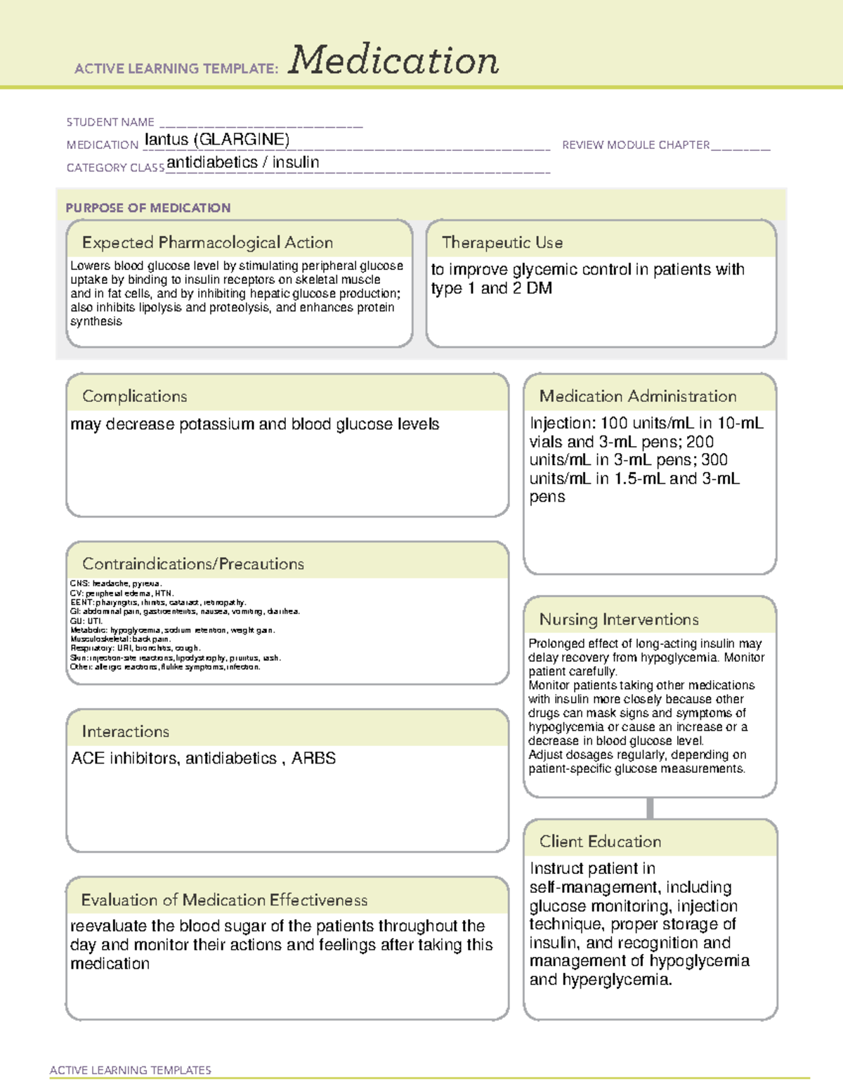 Lantus Insulin (GLARGINE) - Active Learning Study Guide 2023 - Studocu