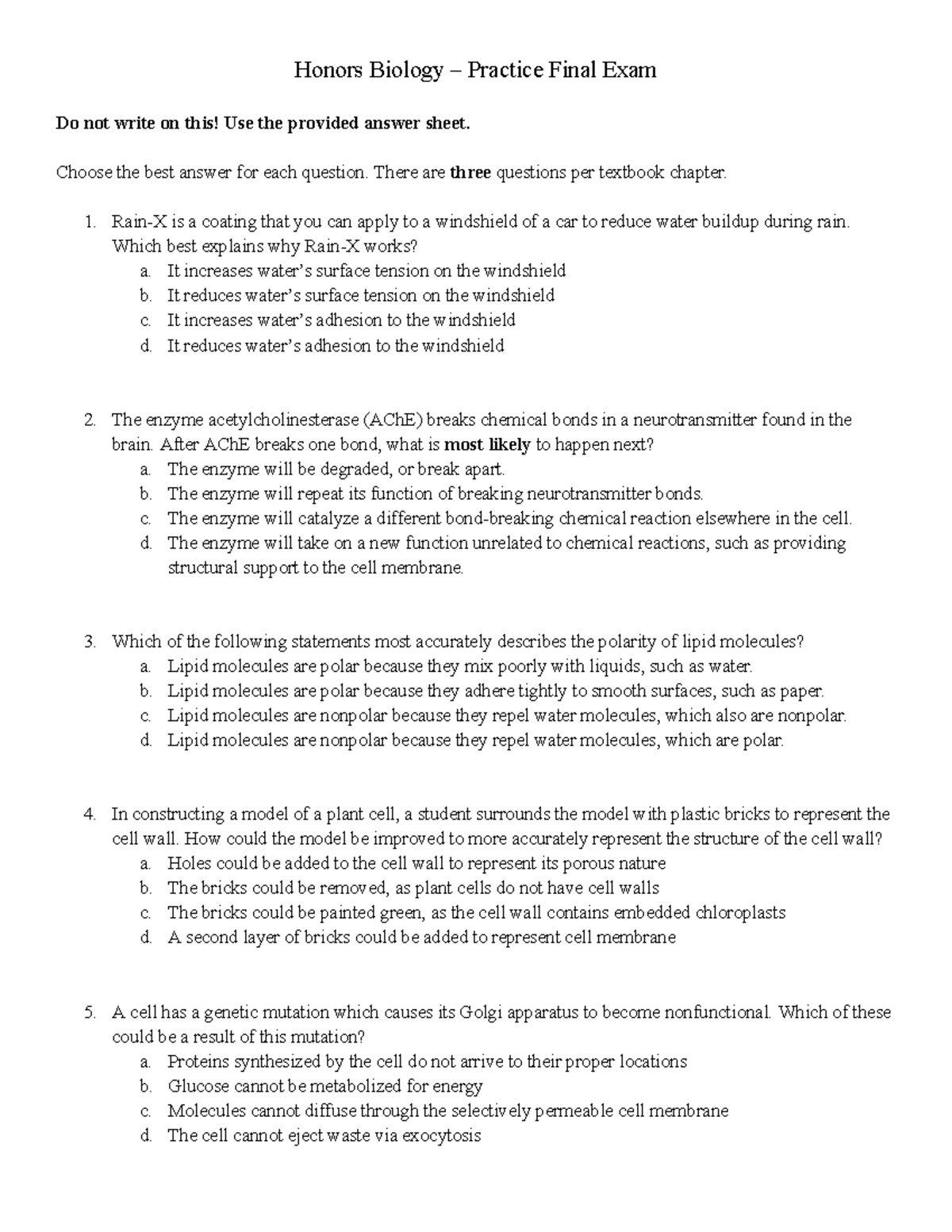 Honors Biology Practice Final Exam - Study Guide for Success - Studocu