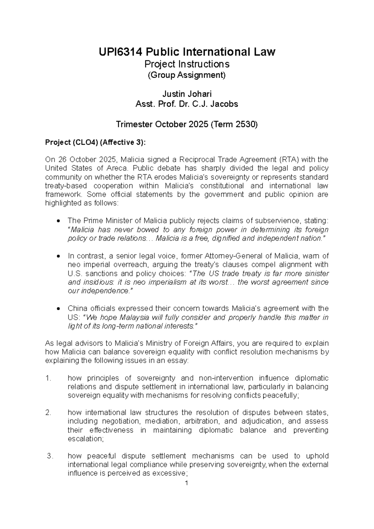 UPI6314 Public International Law Group Project: RTA Analysis and ...