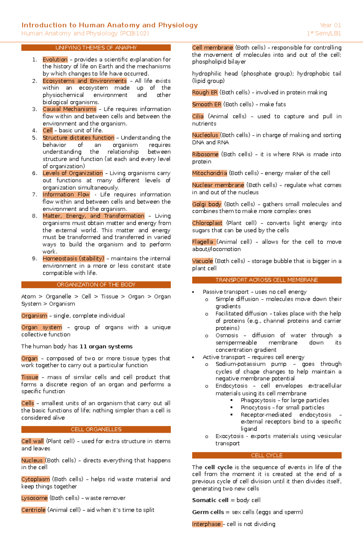 PCBI102 Anatomy and Physiology Lecture Notes - Year 1 Summary - Studocu