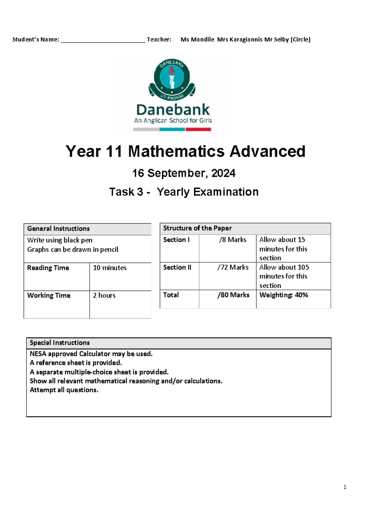 2024 Year 11 Mathematics Advanced Final Exam Task 3 - Studocu
