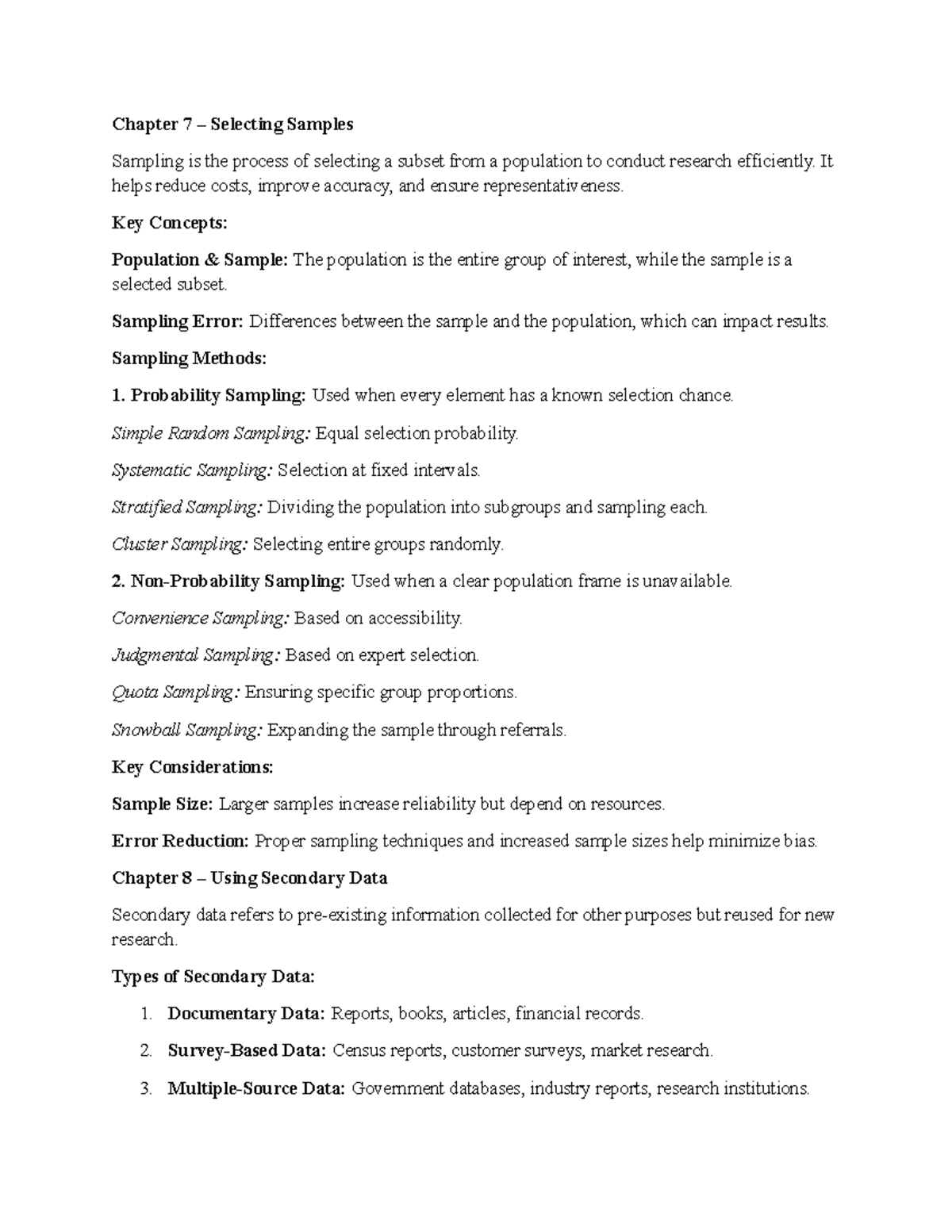Chapter 7-8: Sampling Techniques & Secondary Data Overview - Studocu