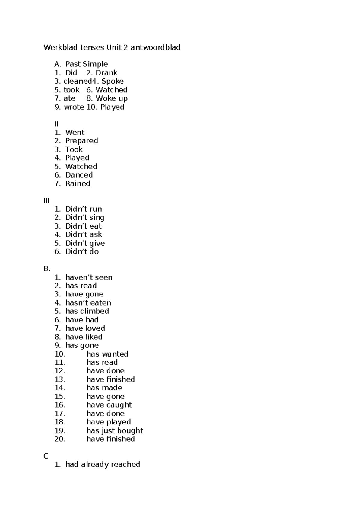 Werkblad Tenses Unit 2: Answer Sheet for Verb Conjugation - Studeersnel