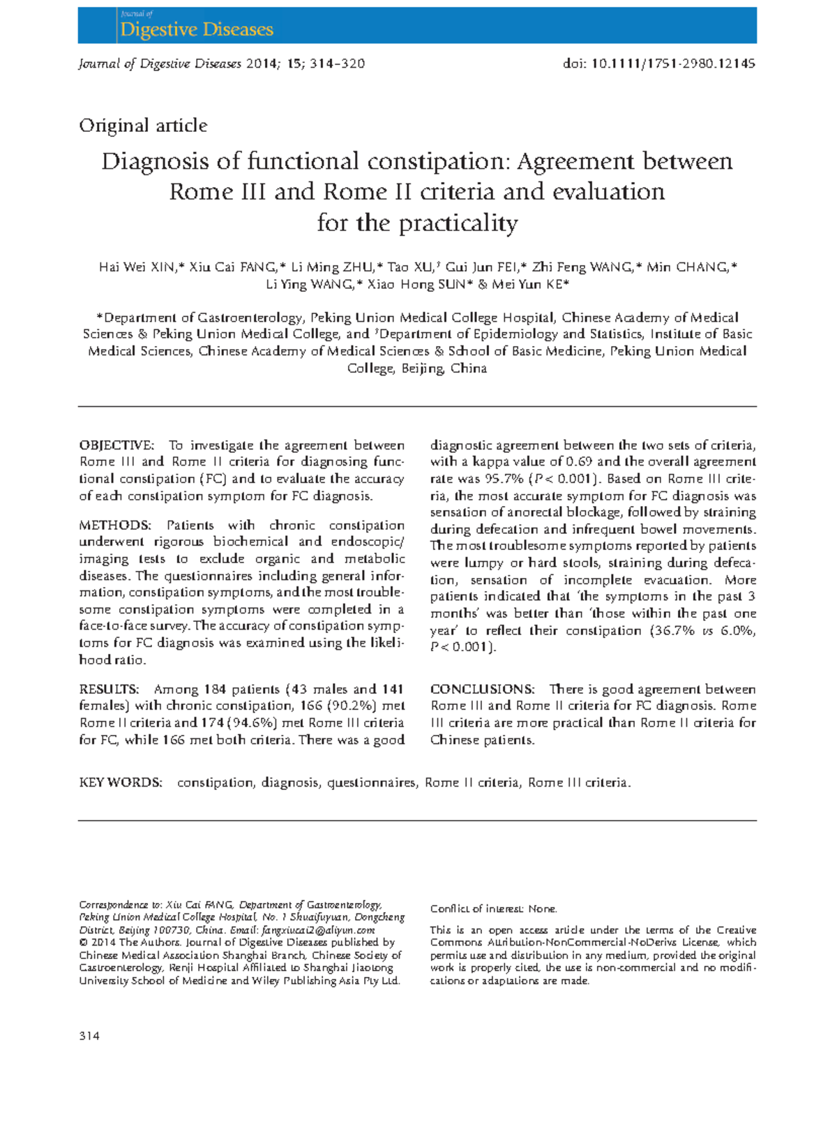 Rome III Criteria for Functional Constipation: Diagnostic Agreement ...